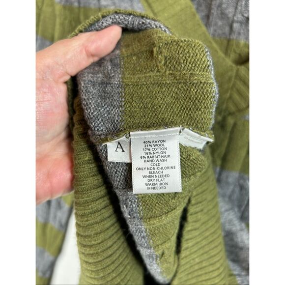 LOFT Green Gray Striped Sweater Women’s L Wool Blend V-Neck Cable Knit Soft Cozy - Picture 8 of 11